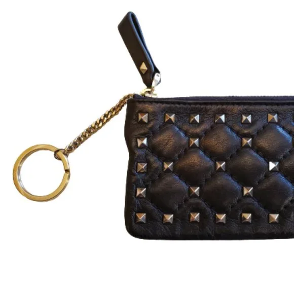 Valentino Garavani Quilted Gunmetal Rockstud Zipper Coin Purse And Cardholder - Picture 2 of 8
